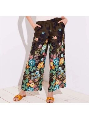 Loft Coral Springs wide-leg flowy olive floral pants elastic waistband